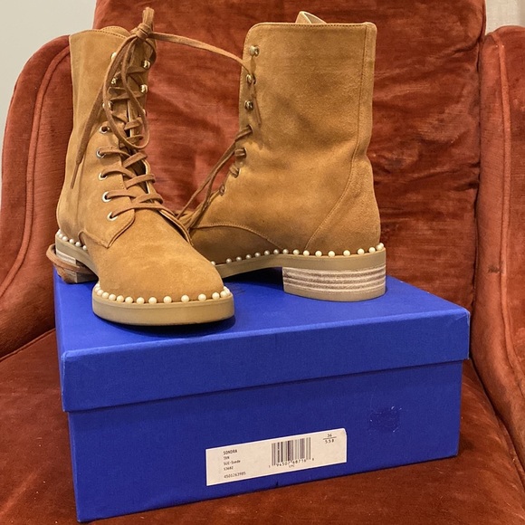 Stuart Weitzman Chelsea Brown Suede Pearl Combat Hiking Boots - Picture 11 of 12